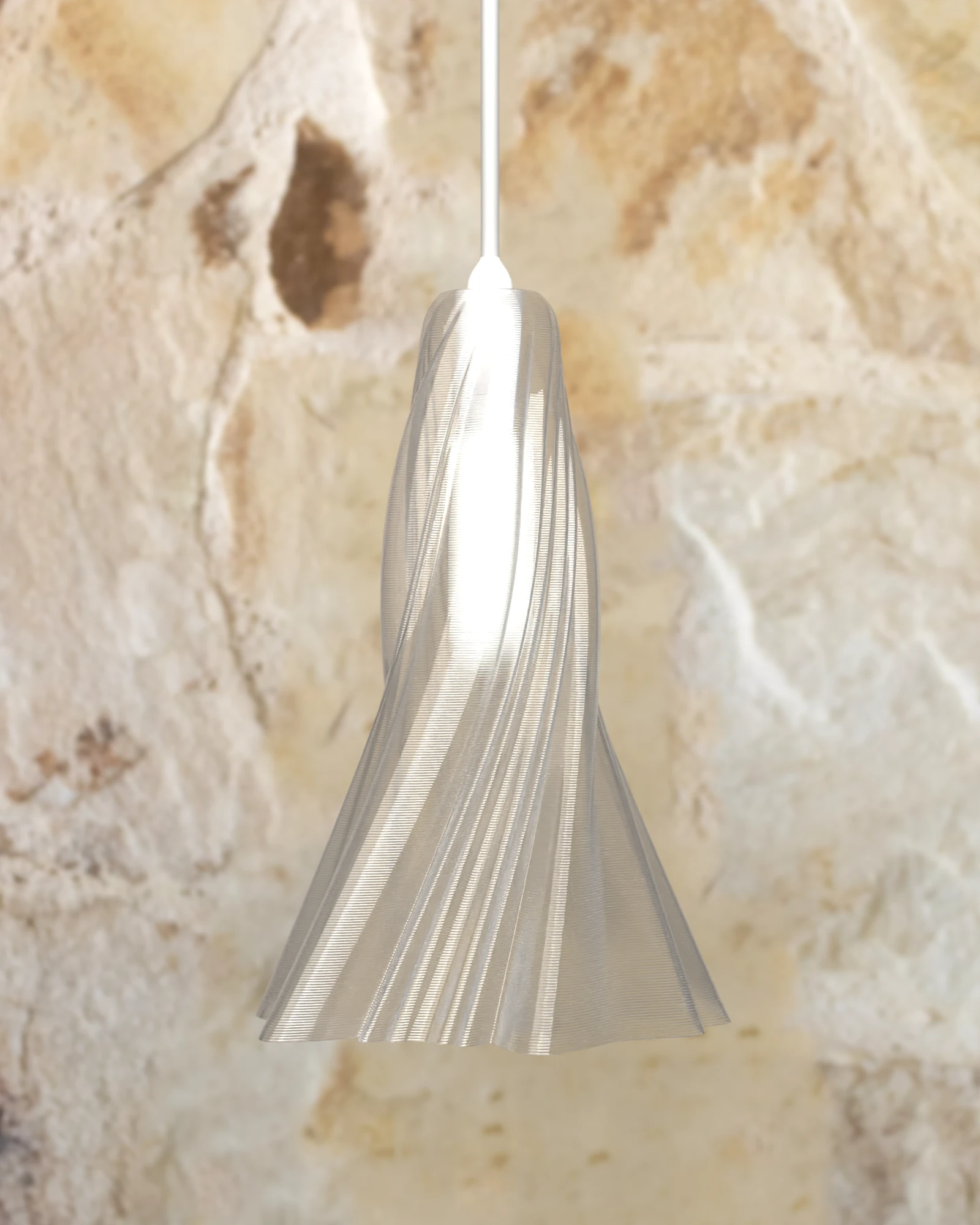 Lámpara YASHI Transparente colgada junto a una pared de piedra, apagada
